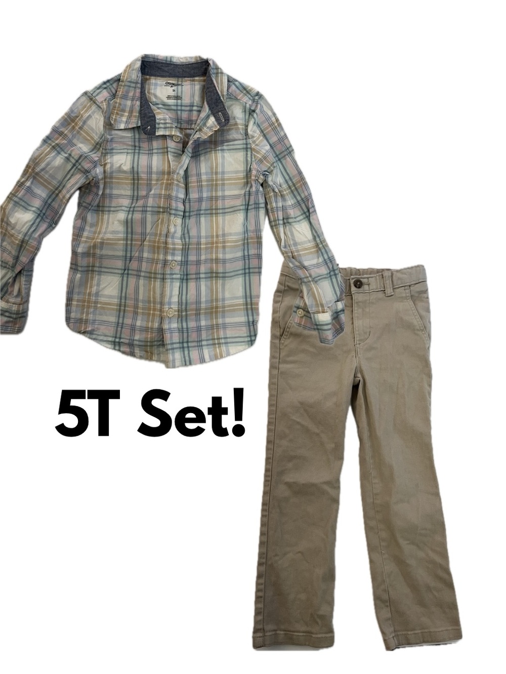 Boys Plaid Button-Up Shirt in Multi-Color with Khaki Pants - 5T
